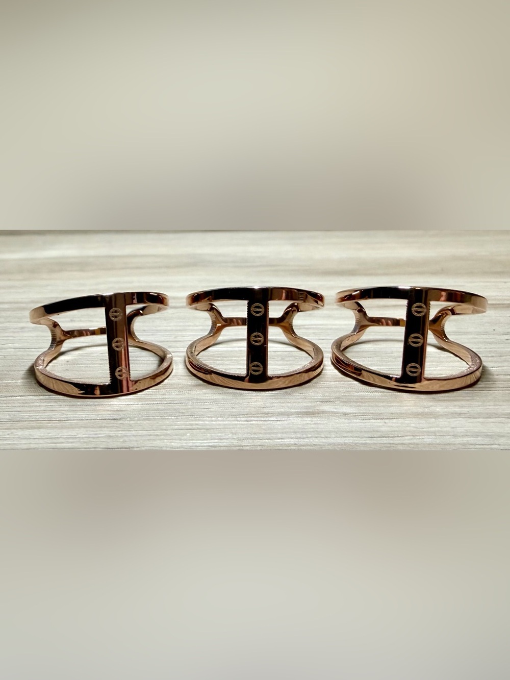 Lot Of 3 Rose Gold Tone Open Space Engraved Screw Rings, Size 9